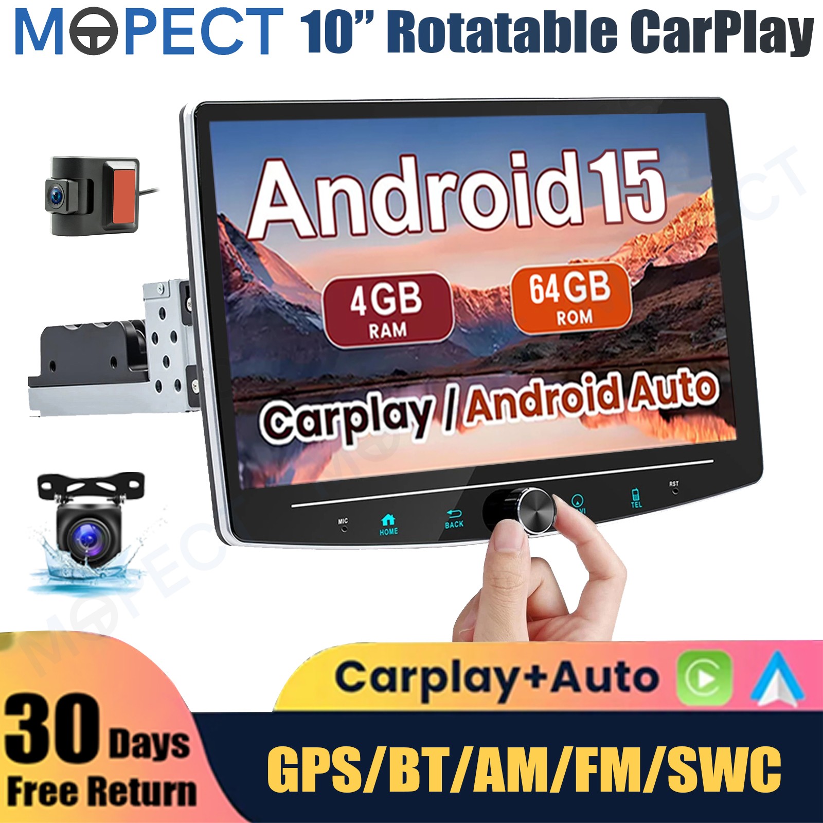 10.1″ Universal 4+64GB Car Stereo Radio DVR+ 1Din Rotatable Carplay GPS Navi+AHD