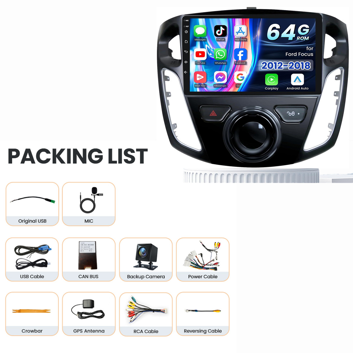 4+64G For Ford Focus 2012-2018 Android13 Apple Carplay Car Stereo Radio GPS Navi