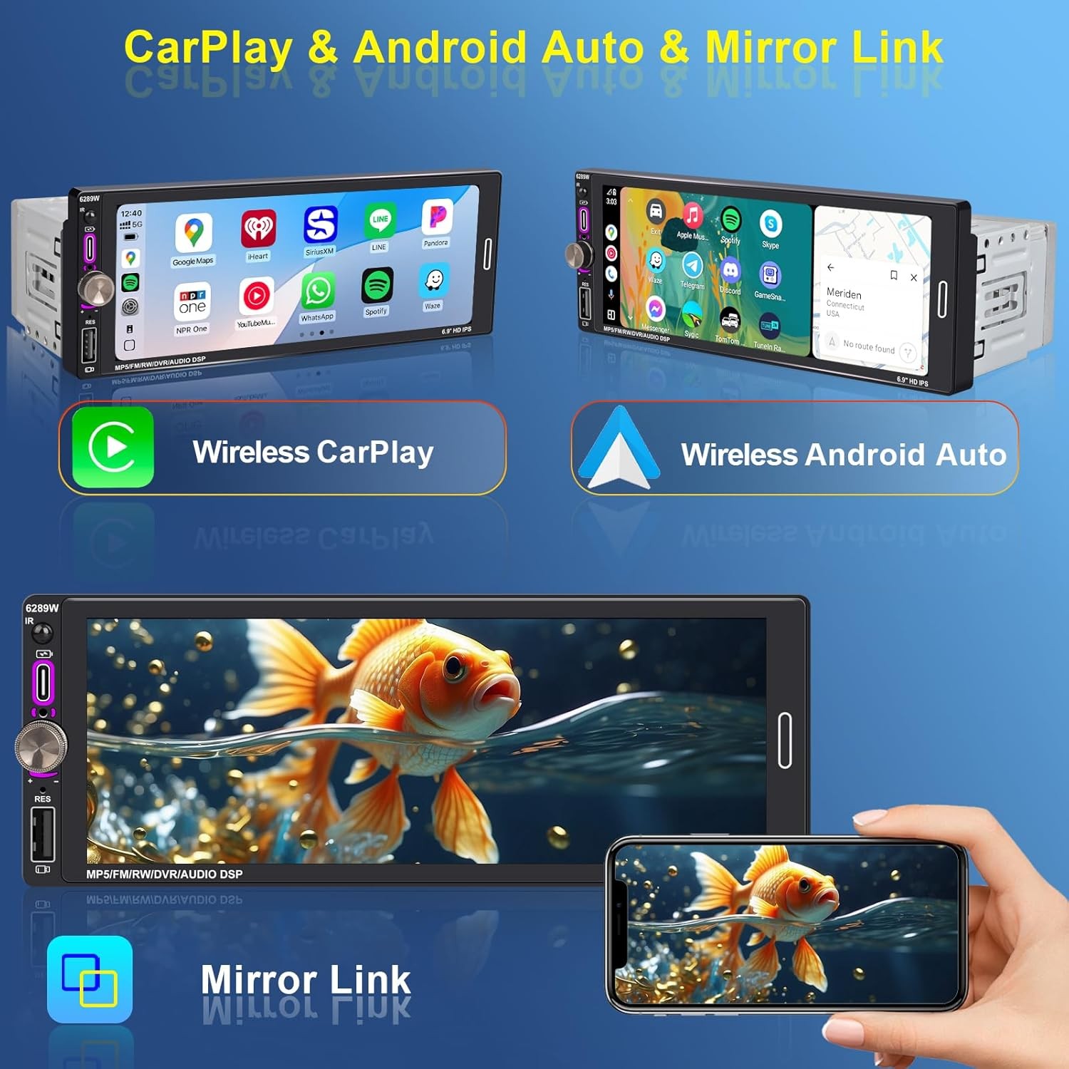 6.9″ Single DIN Car Radio with Wireless Apple Carplay, Car Bluetooth 5.2, AM FM