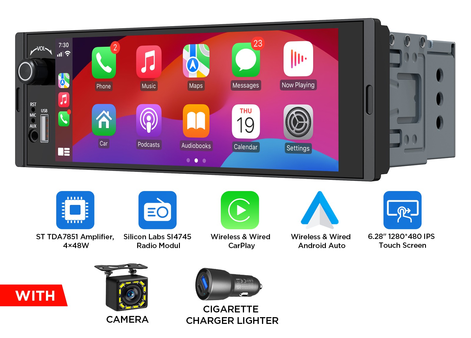 1 DIN 6.28″ IPS Android Auto Car Stereo Radio Wireless CarPlay GPS Sat Nav 4x48W