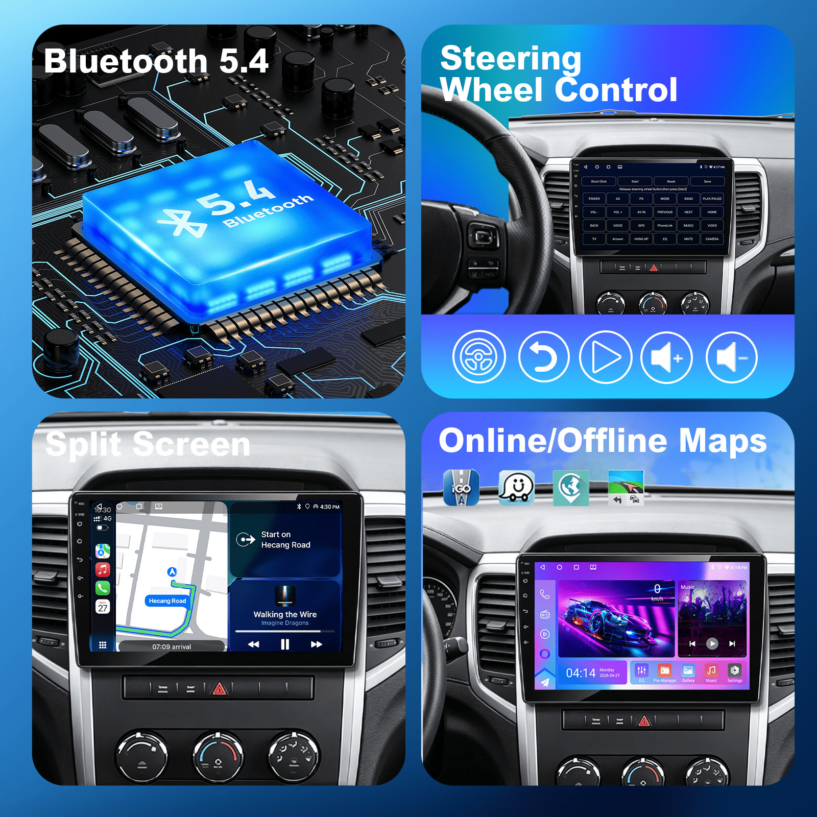8Core 4+64G Dodge Ram1500/2500/3500 09-12 10.1″ Android14 Radio,CarPlay Auto,SWC