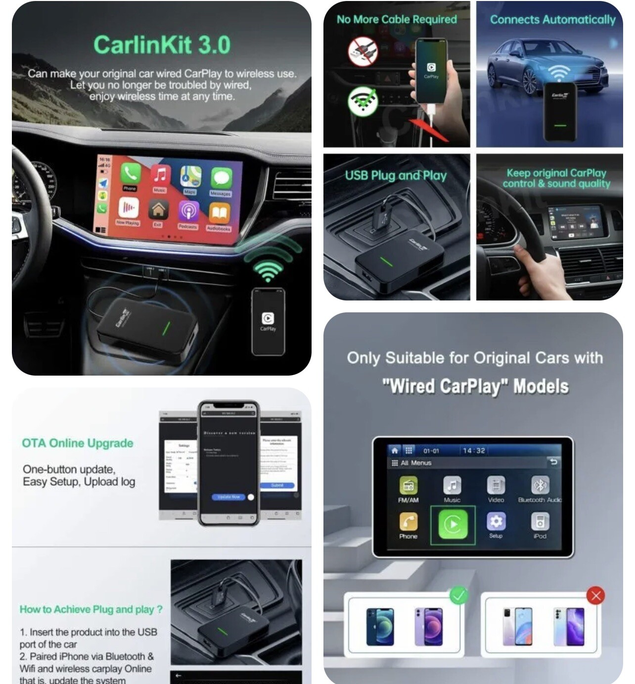 CarlinKit CPC200-U2W-Plus 3.0 Wireless CarPlay Adapter USB for Factory Wired