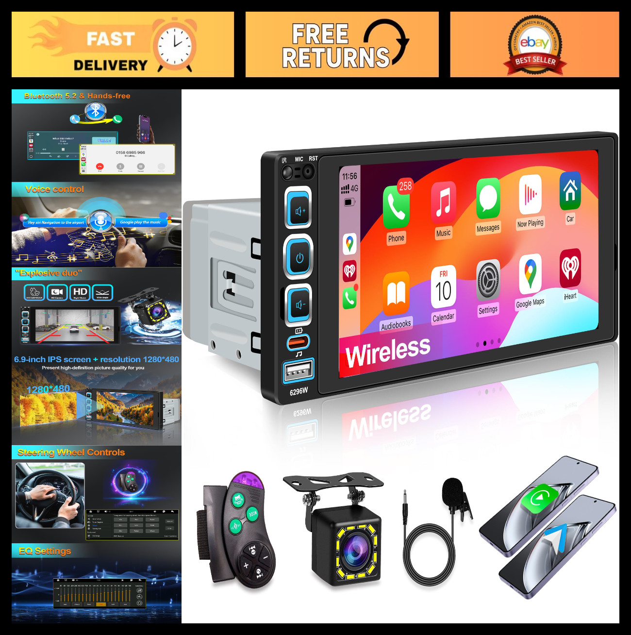 6.9″ Single Din Car Stereo, Wireless Apple CarPlay, Bluetooth 5.2, Touchscreen,