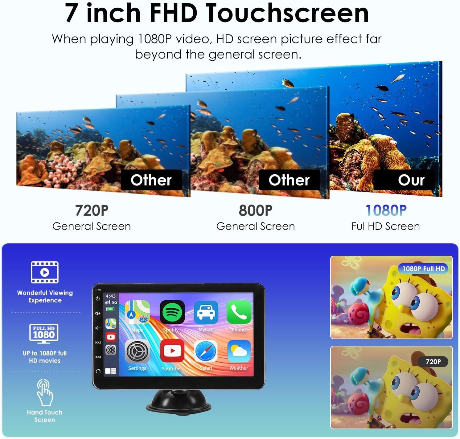 Portable Wireless Carplay Car Stereo, 7 Inch Touchscreen with Apple Carplay and