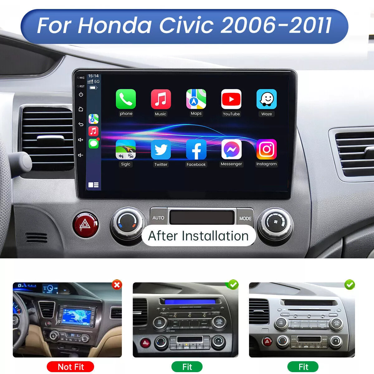 64GB For Honda Civic 2006-2011 10″ Android 13 Apple Carplay Car Stereo Radio GPS