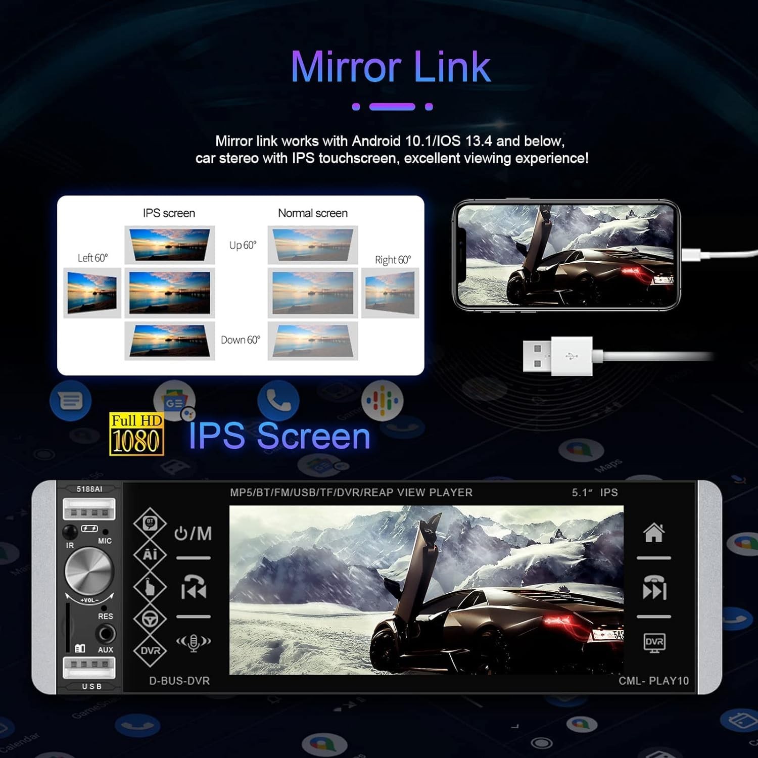 Estereo Radio Bluetooth de un solo DIN Pantalla Tactil Apple Carplay Para Coche