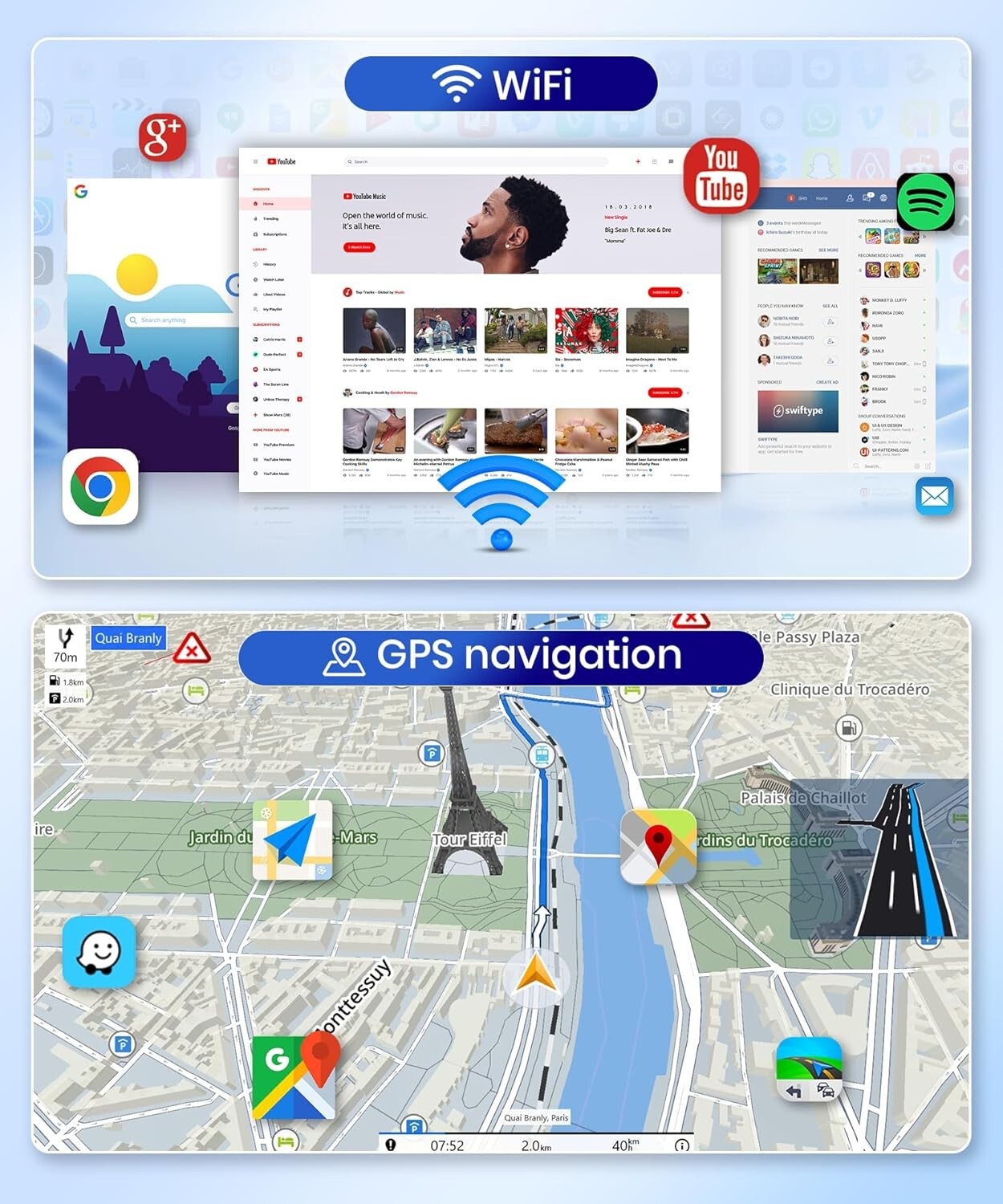 Wireless Carplay Android Auto 10.1”Touch Screen Bluetooth Car Audio GPS WiFi+AHD