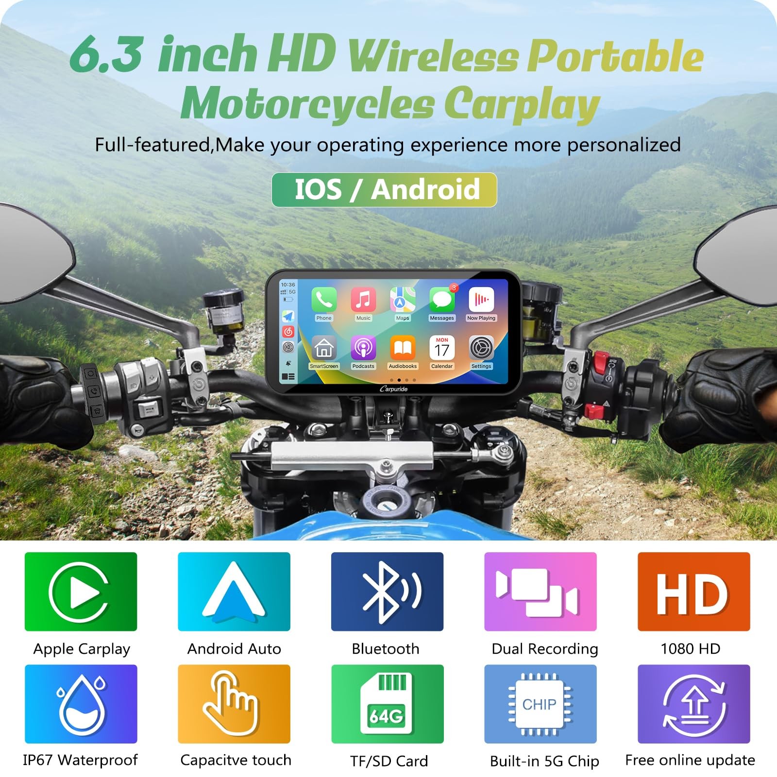 Carpuride W603D Motorcycle GPS Carplay Screen, Wireless carpuride 6.3 inch