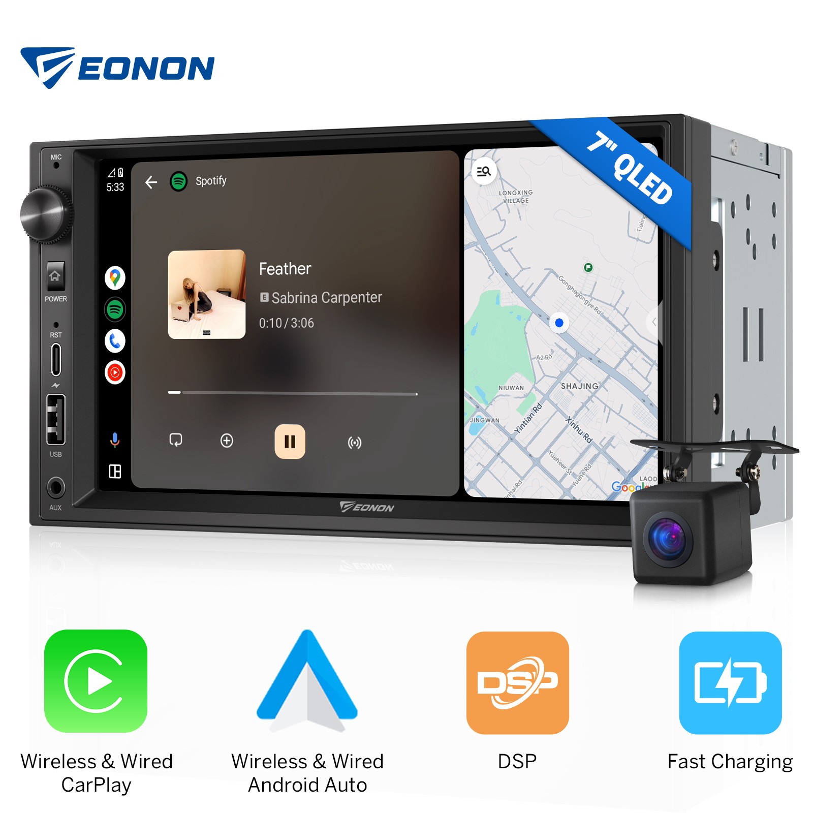 2DIN 7″ QLED Android Auto Car Stereo Wireless CarPlay Sat Nav Built-in Amplifier