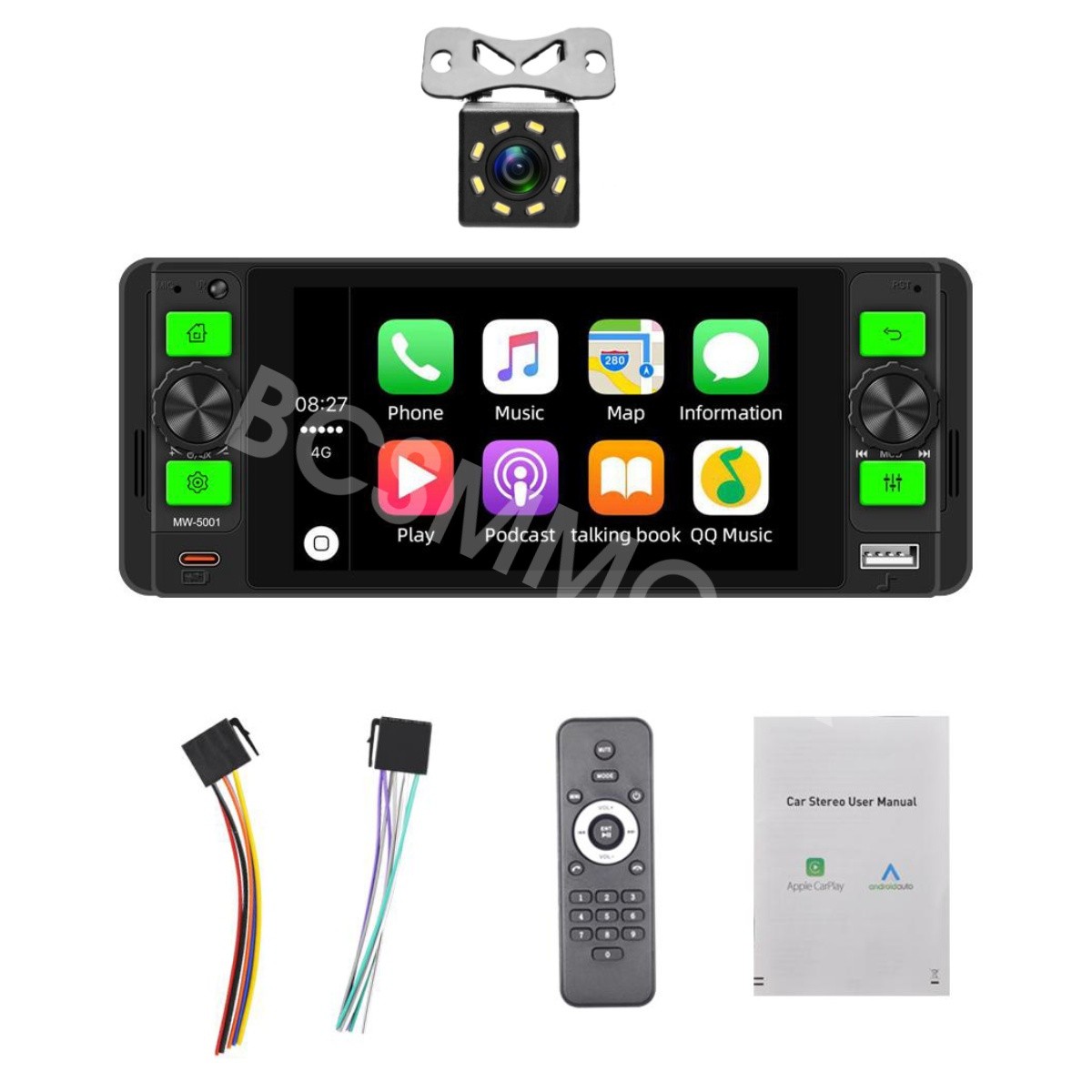 1 Din HD Car MP5 Player For Apple Carplay Android Auto With 8 LED Rear Camera