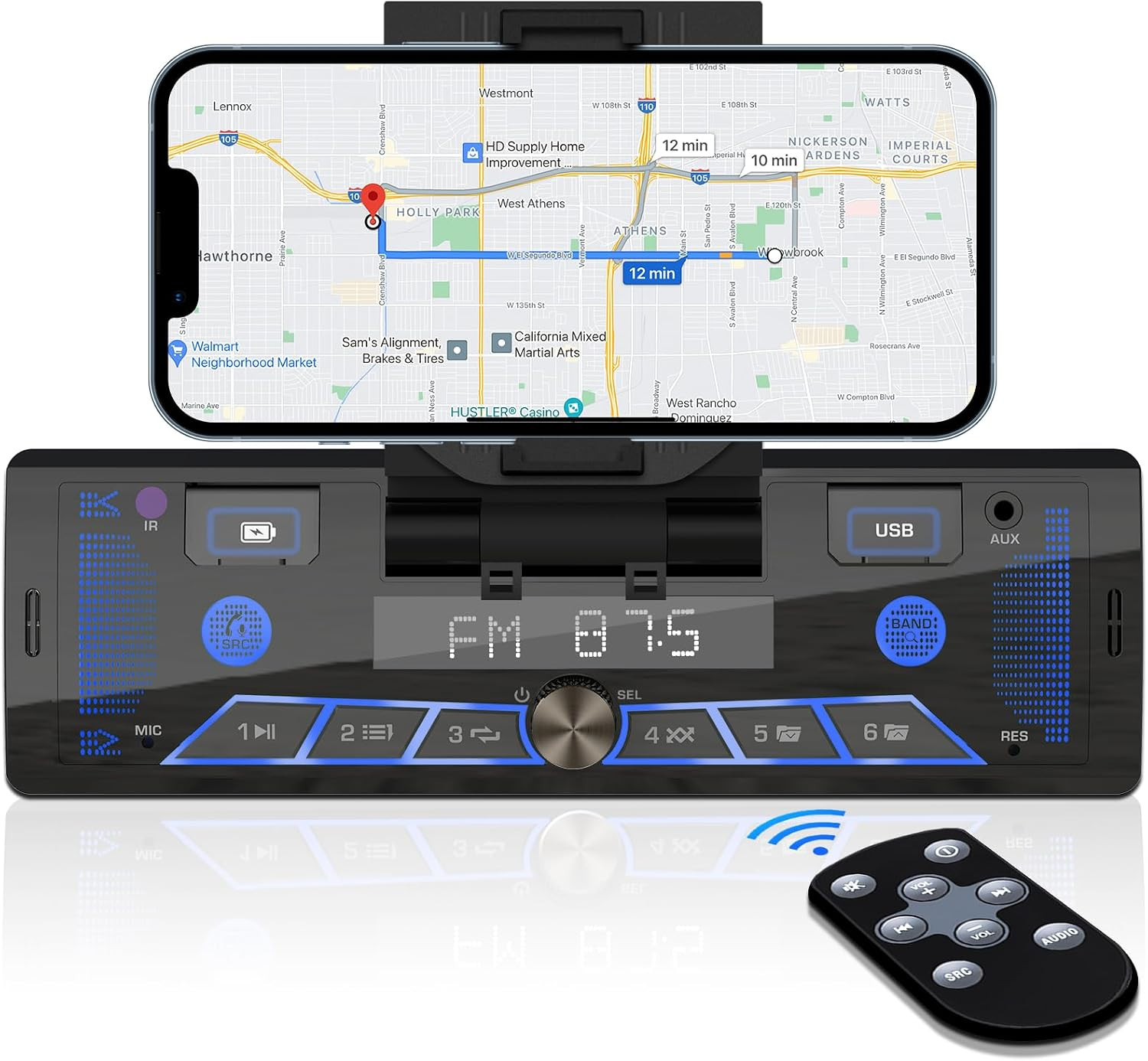 Single-Din Stereo with Car Phone Holder – Bluetooth Car Radio – Push to Talk