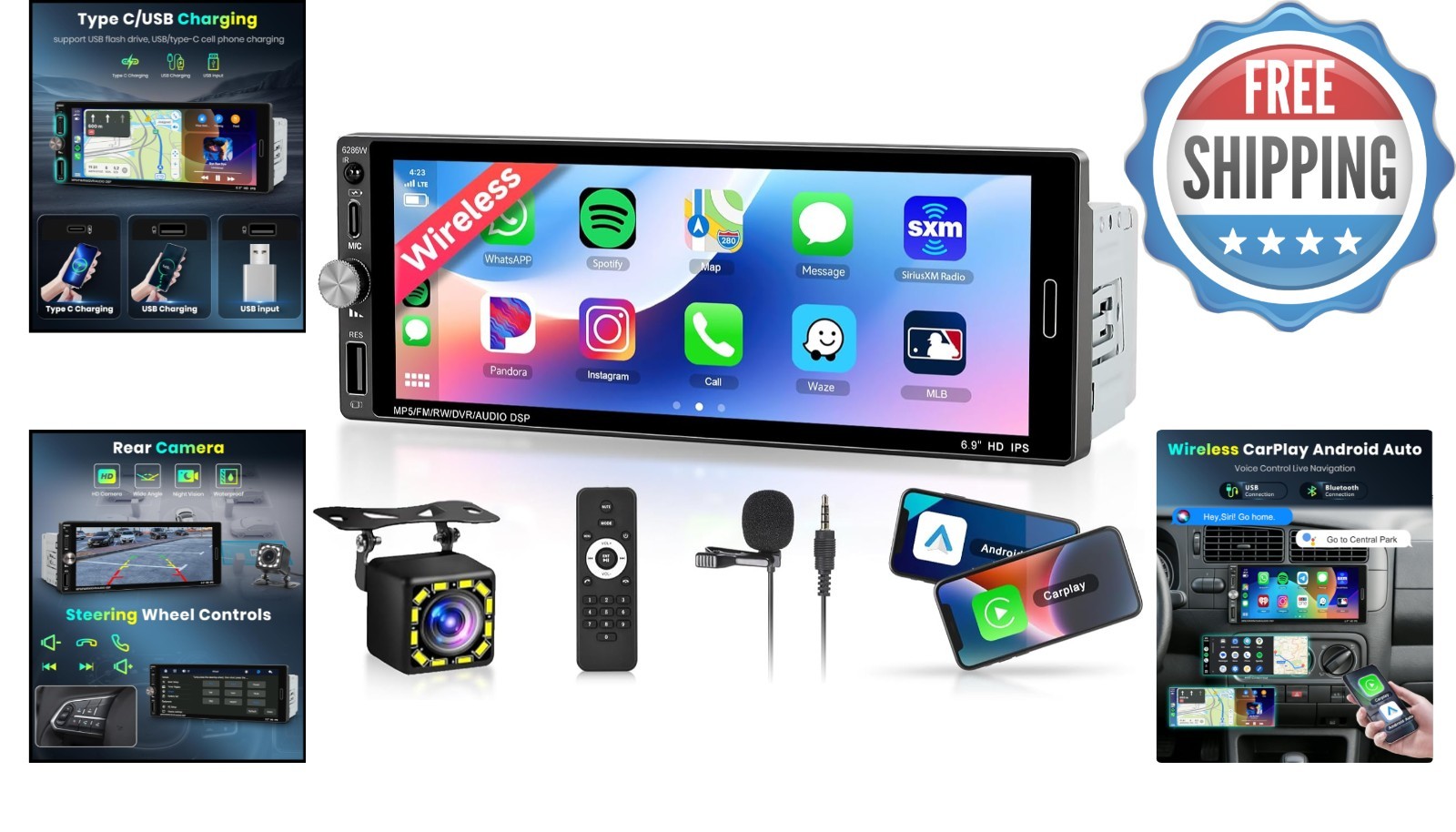 Wireless Carplay & Android Auto Single Din Car Stereo – 6.9 Inch Touchscreen