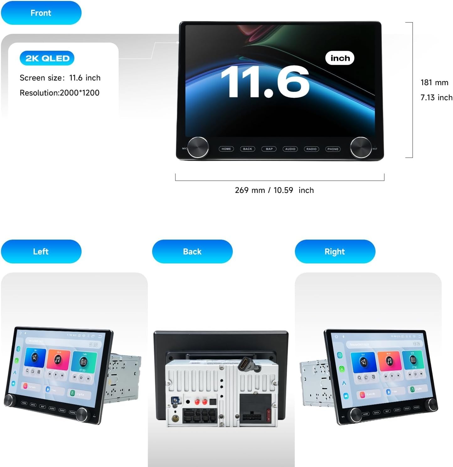 Dasaita 11.6″ Universal 2 Din Car Radio GPS Carplay Android Auto 4G LTE 6+64G