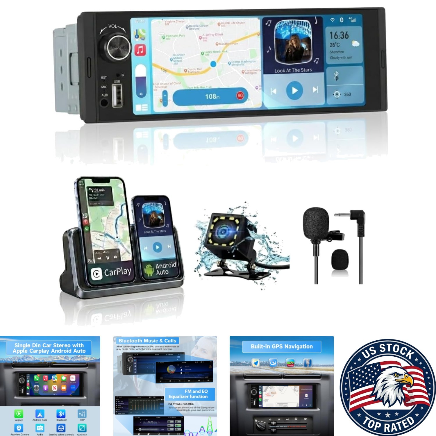 6.36 Inch Car Stereo with CarPlay, Android Auto & 5-Band EQ for Custom Sound