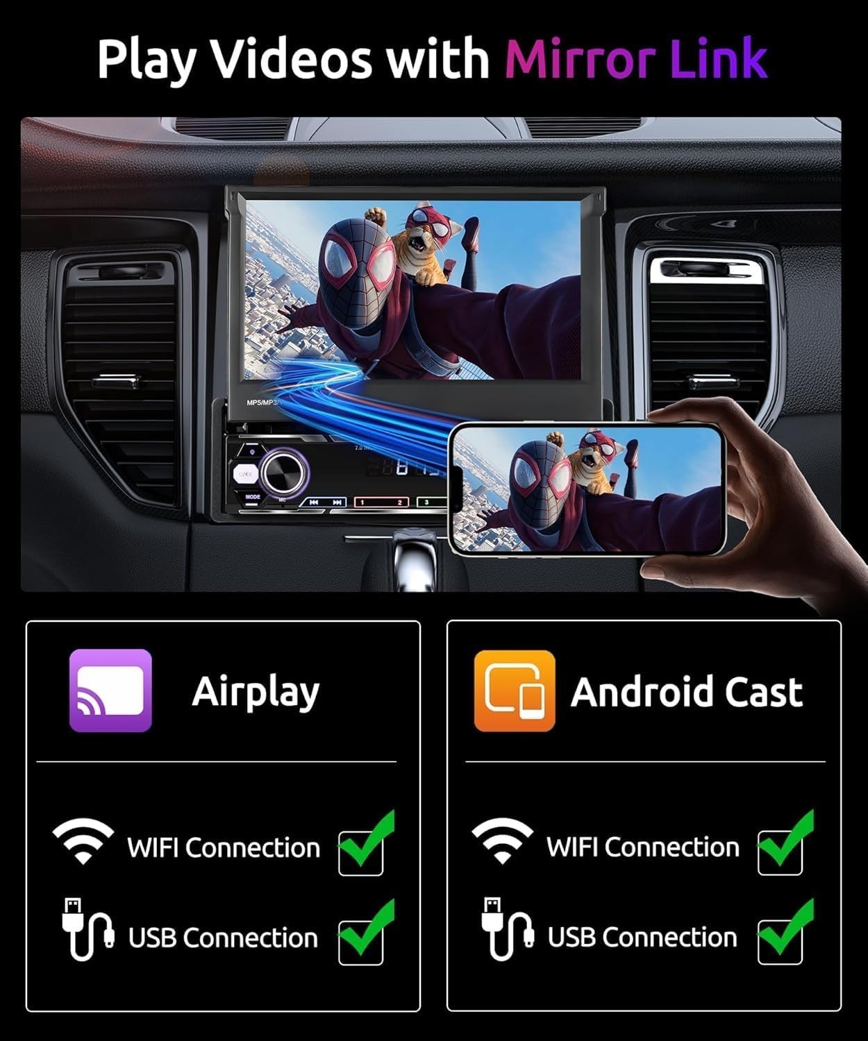 Wireless Carplay Android Auto 7 Inch Single Din Touchscreen Car Stereo Blueto…