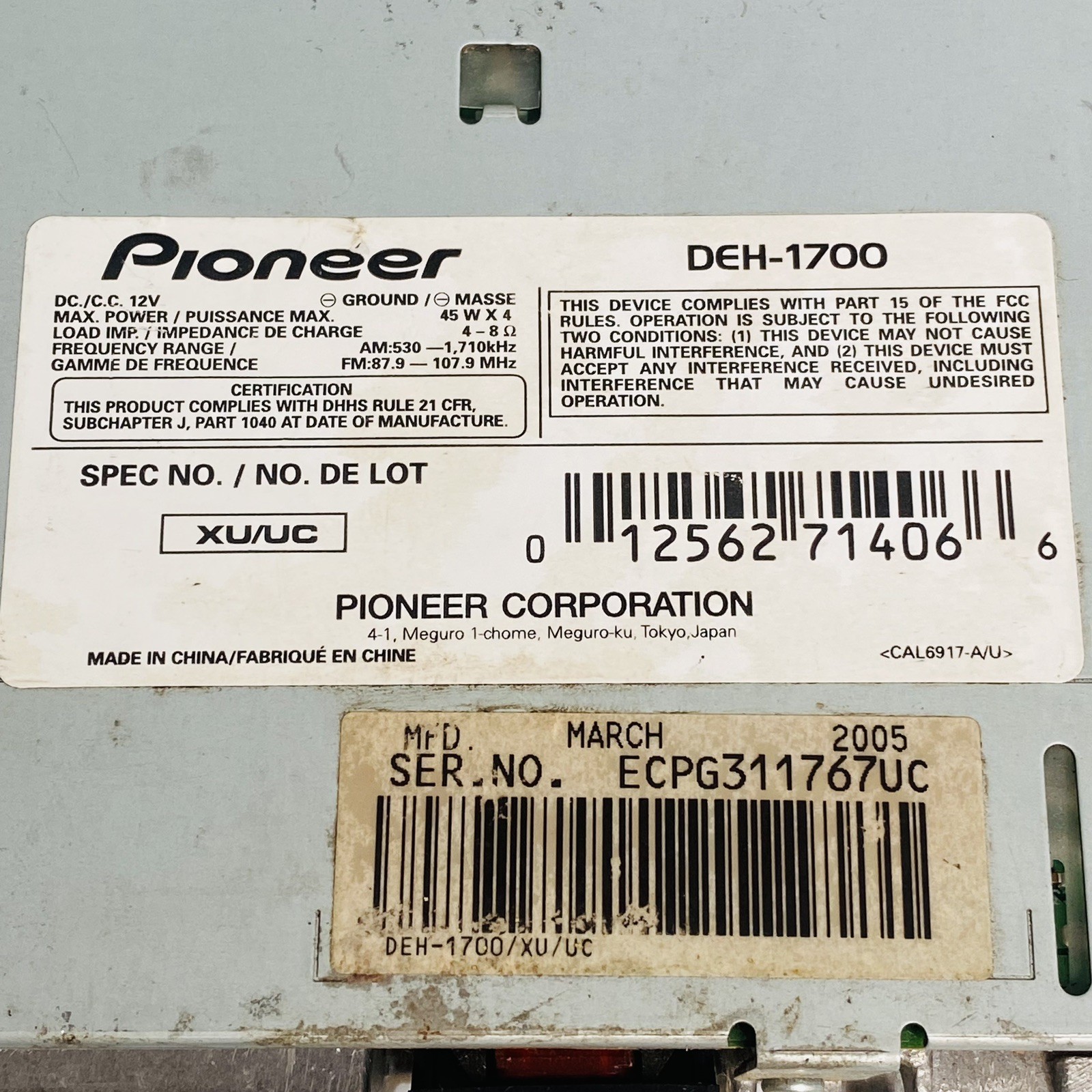Pioneer DEH-1700 AM/FM CD Car Stereo W/ Connector Cord Faceplate 45w X4 WORKS