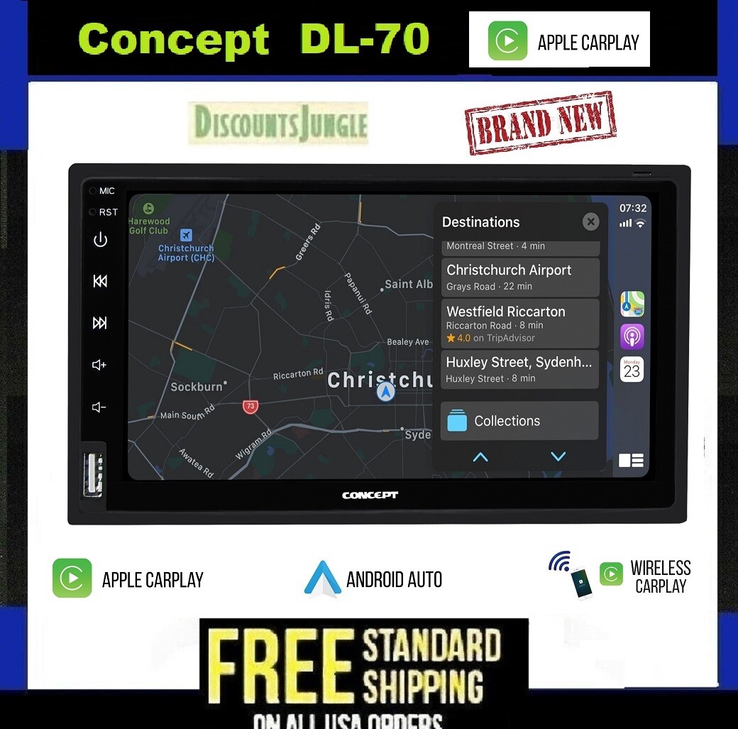 Concept DL-70 Wireless 7″ Touch screen In-Dash Receiver w/Apple Carplay/Android