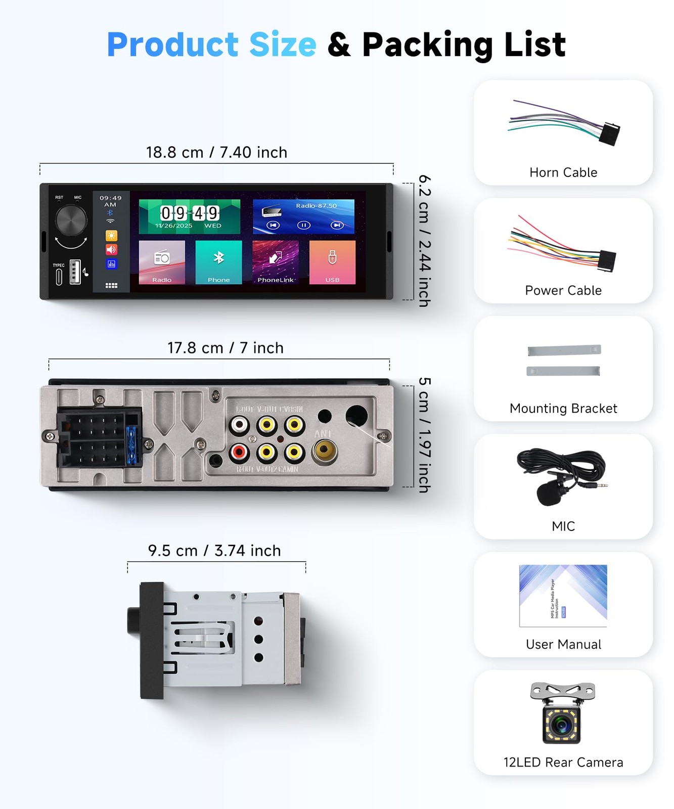 Single Din Car Stereo with 6.36 Inch Touch Screen, Wireless CarPlay & Android…