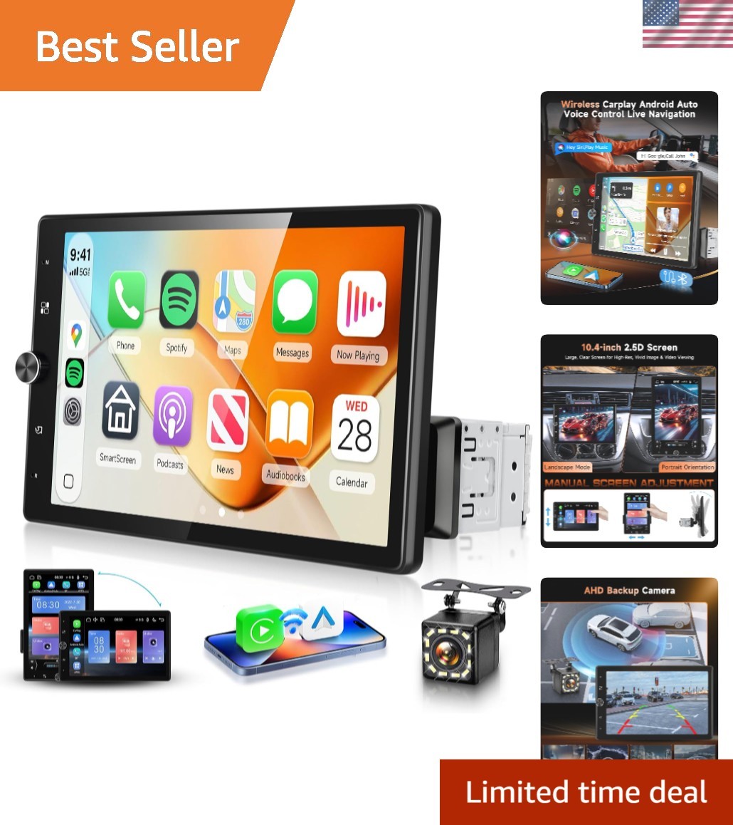 10.4” Single Din Car Stereo with Wireless CarPlay Android Auto, HD Rotation …