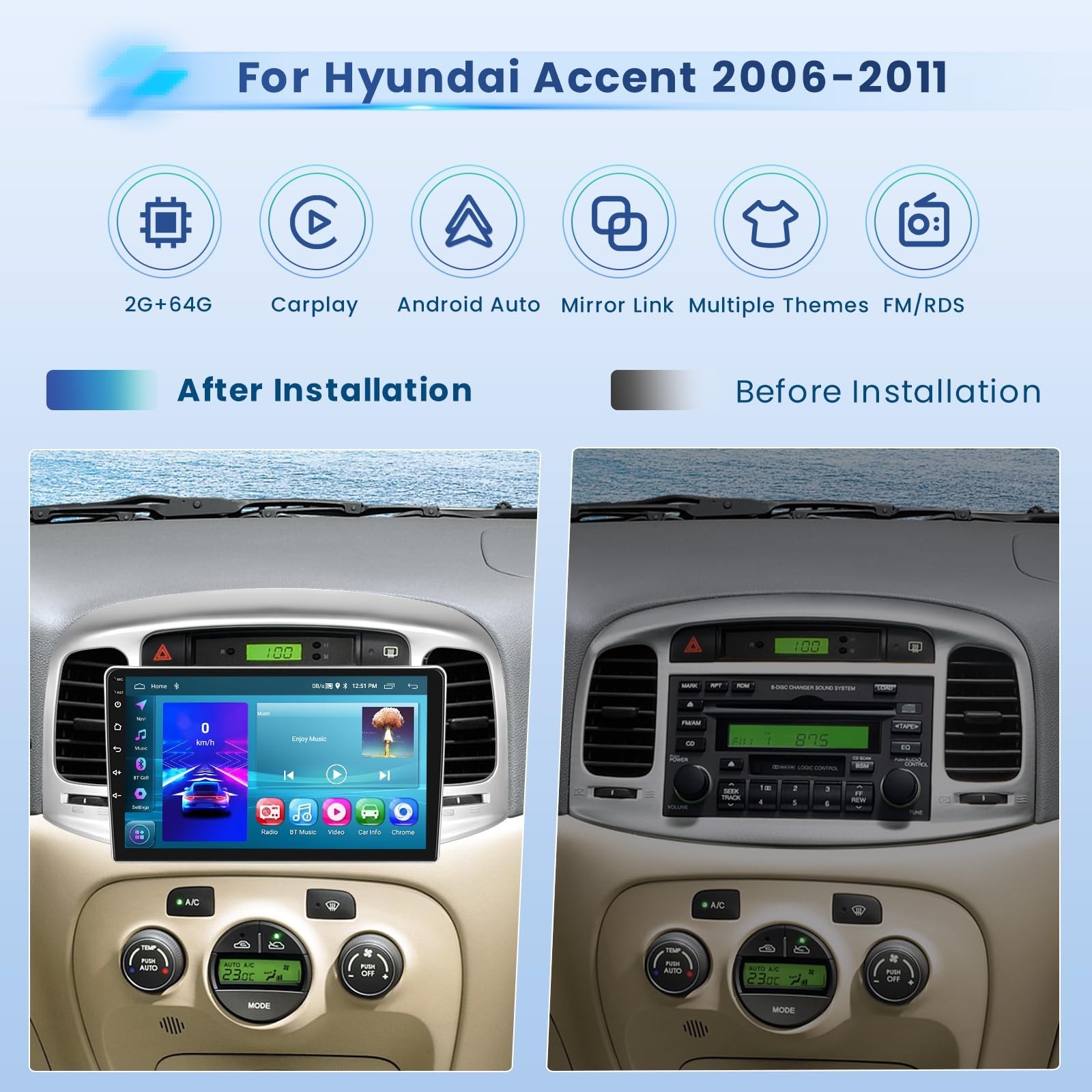 Inefala 2+64G Android 15 CarPlay Car Stereo Radio for Hyundai Accent 2006-201…