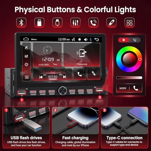 Single Din Car Radio with Bluetooth iOS/Android Mirror Link 7″ Mirror Link