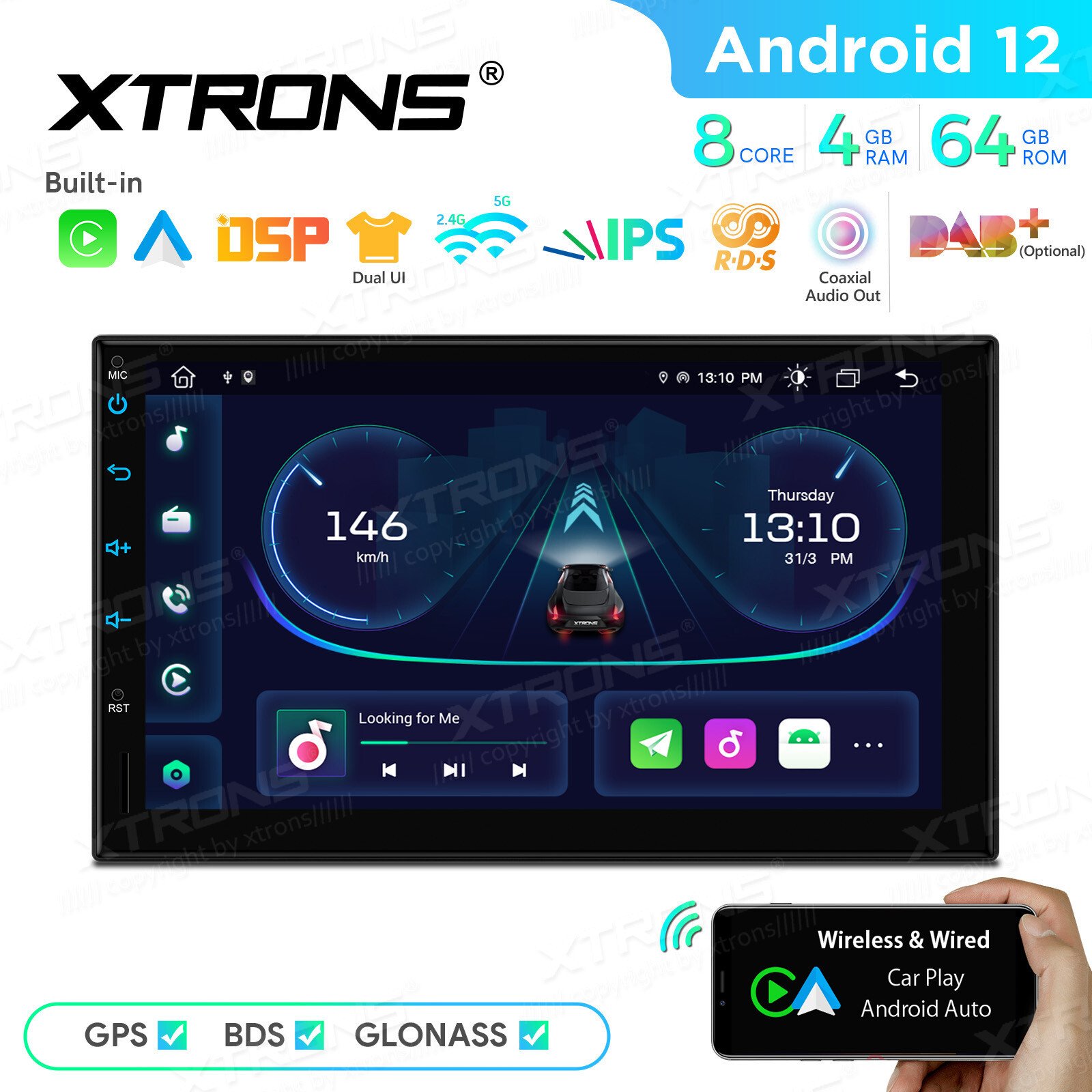 7″ Double DIN Android 12 4+64G Car Stereo Radio GPS Car Play WiFi DSP BT FM SWC