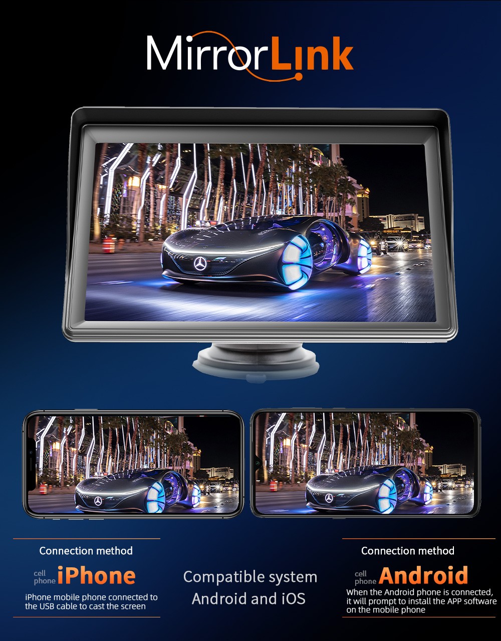 7Inch Wireless Portable CarPlay MP5 Player with Sunshade&Rear View Camera Input