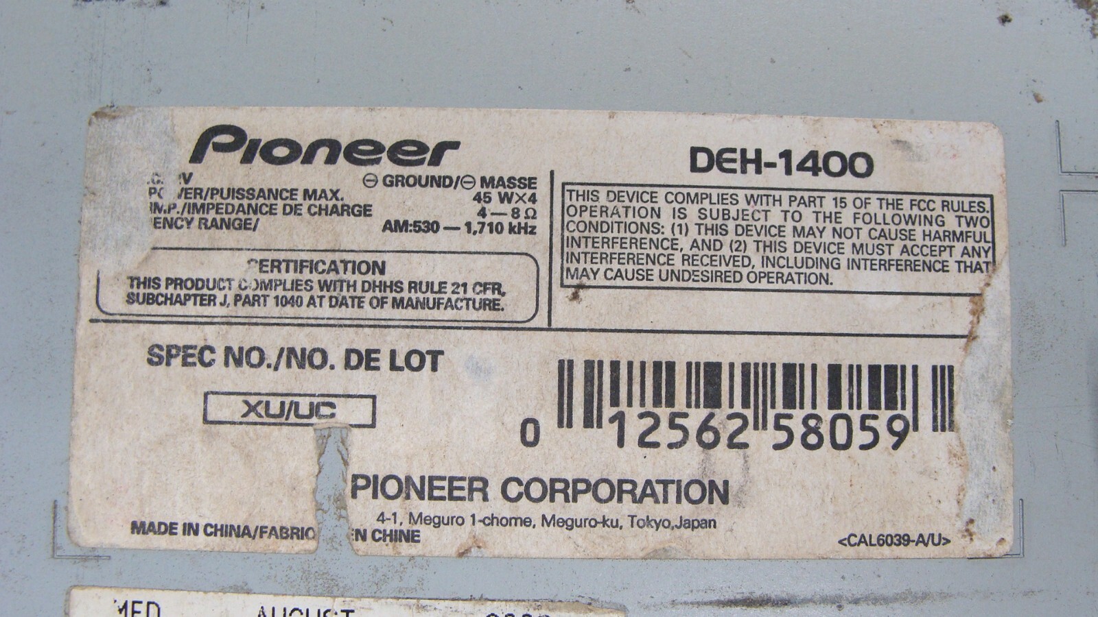 Pioneer DEH-1400 CD Player Stereo In Dash Audio Mfg 2002 Used Inc Faceplate