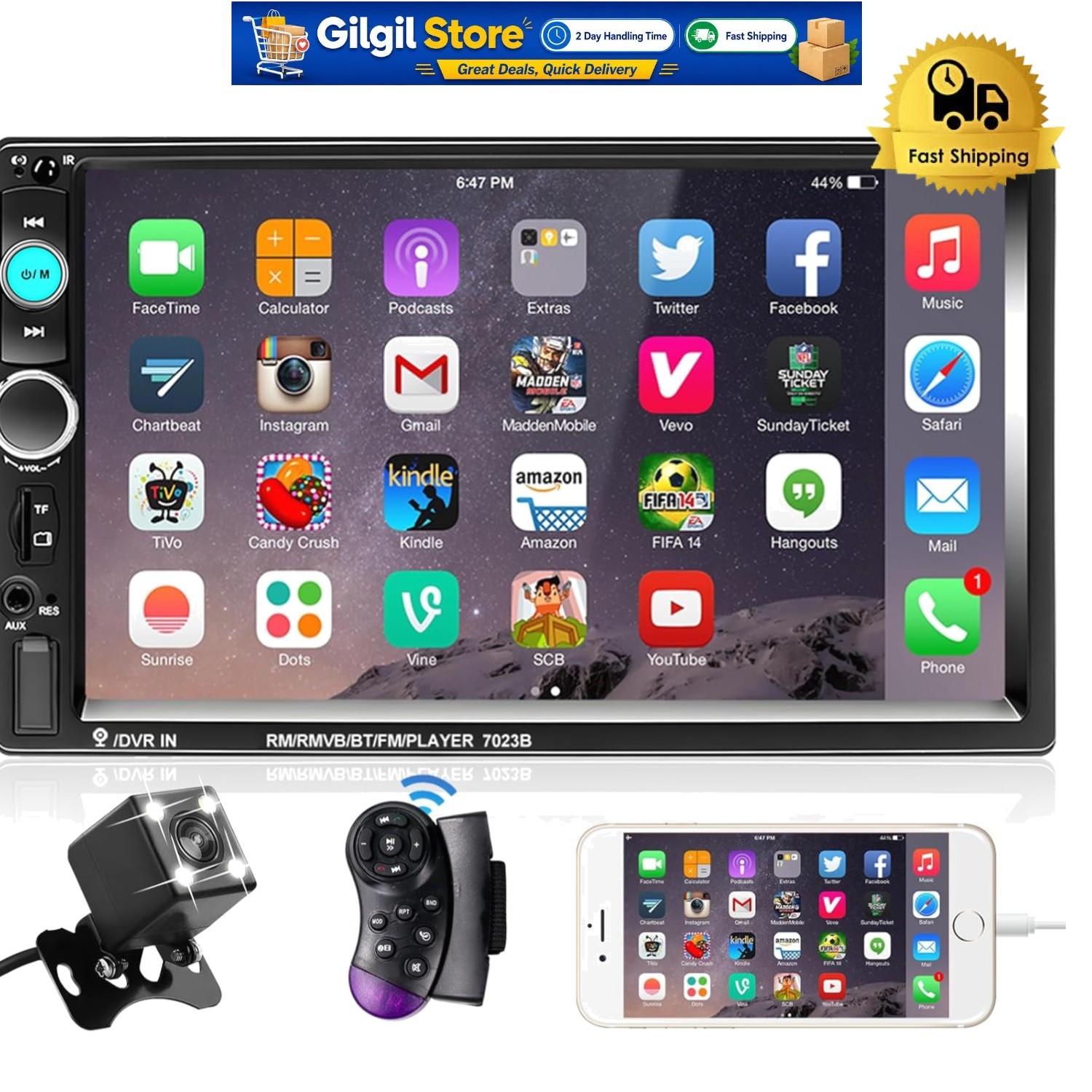 Versatile 7-Inch Car Audio Receiver – Bluetooth, FM, USB, and Backup Camera