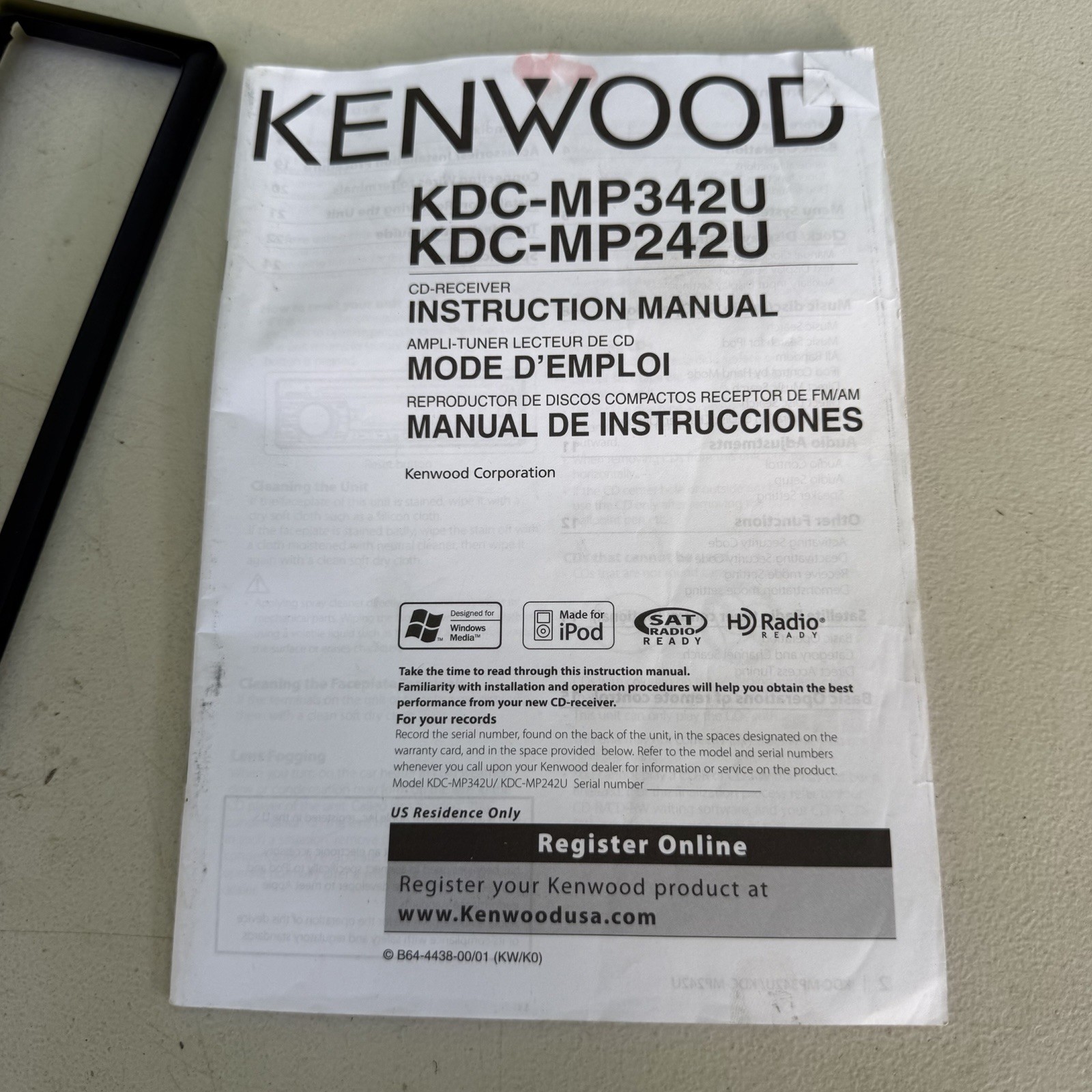 Kenwood KDC-MP342U Car Stereo CD Player USB AUX Receiver With Remote & Manual