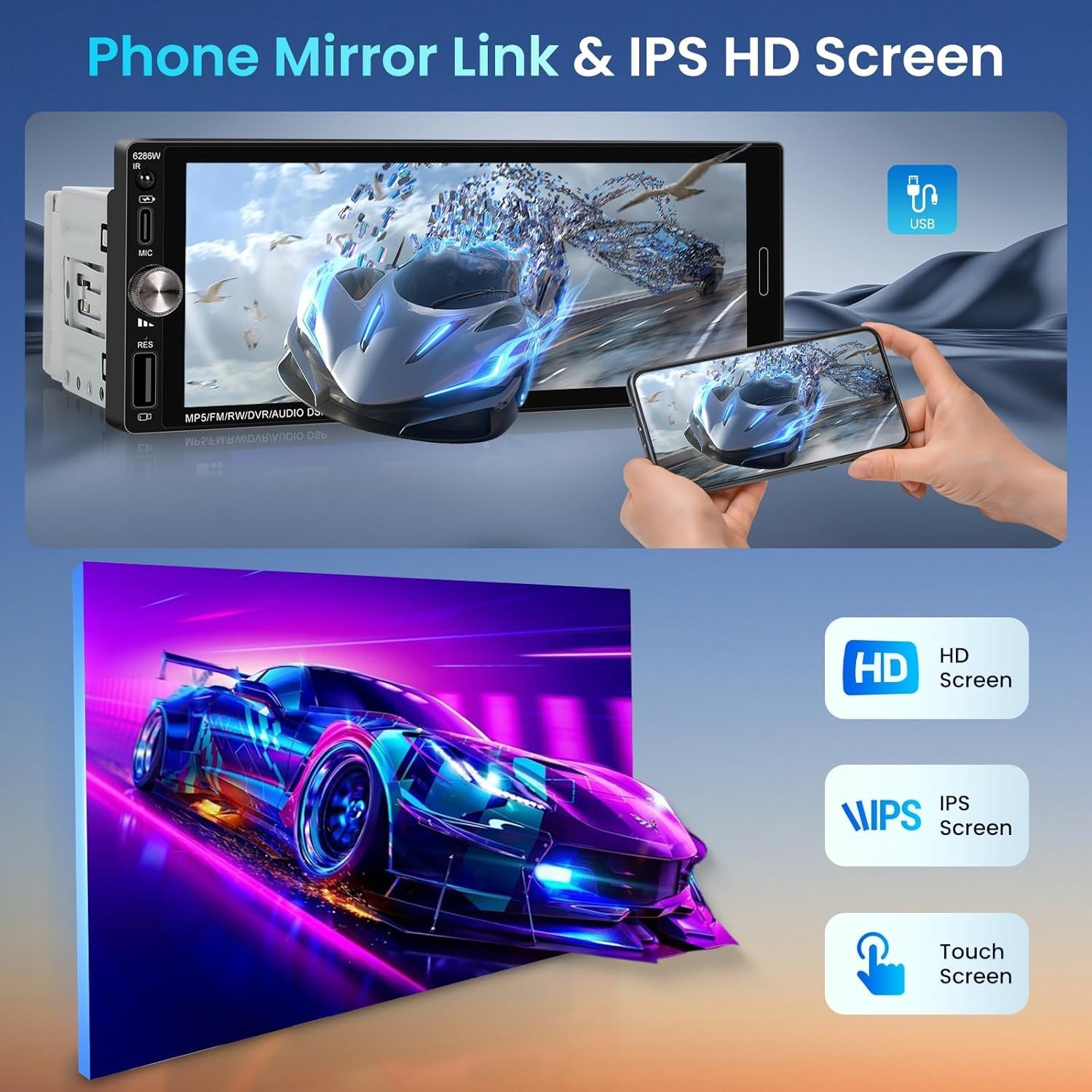 6.9″ Single DIN Android Auto Carplay Stereo with Backup Camera & Remote