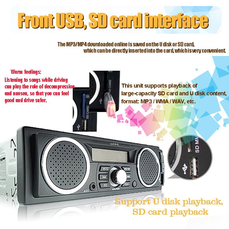 MP3 Audio Player USB/SD/AUX/FM Built-in 2 Speakers Bluetoot 12V 1 Din Car Radioh