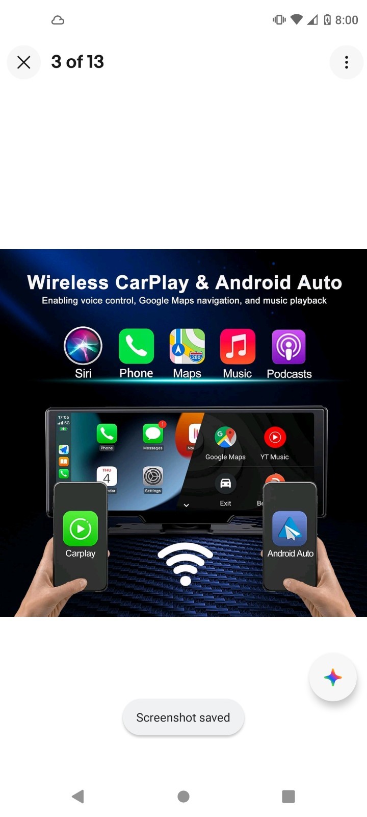 Portable 9.3-Inch Wireless Apple Carplay Screen for Car with Auto Brightness, 4K