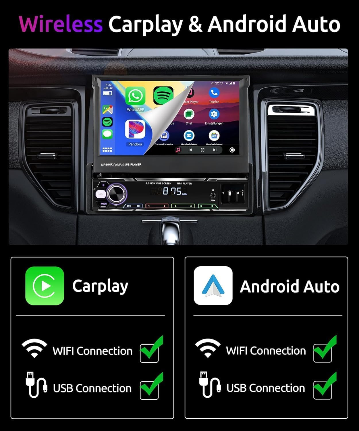 Wireless Carplay 7Inch Single Din Touchscreen Radio,Ips Manual Flip Out Touchscr