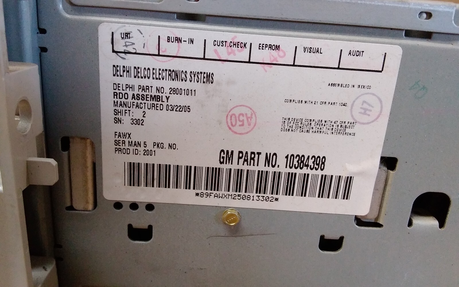 2005 CHEVROLET EQUINOX AM FM CD RADIO (OPT U1C) ID- 10384398 (OPT U1C)