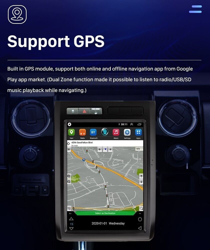 Tesla Style 12.1″ Android CarPlay Stereo GPS WiFi BT 5.0 For 08-12 Ford F150 NEW