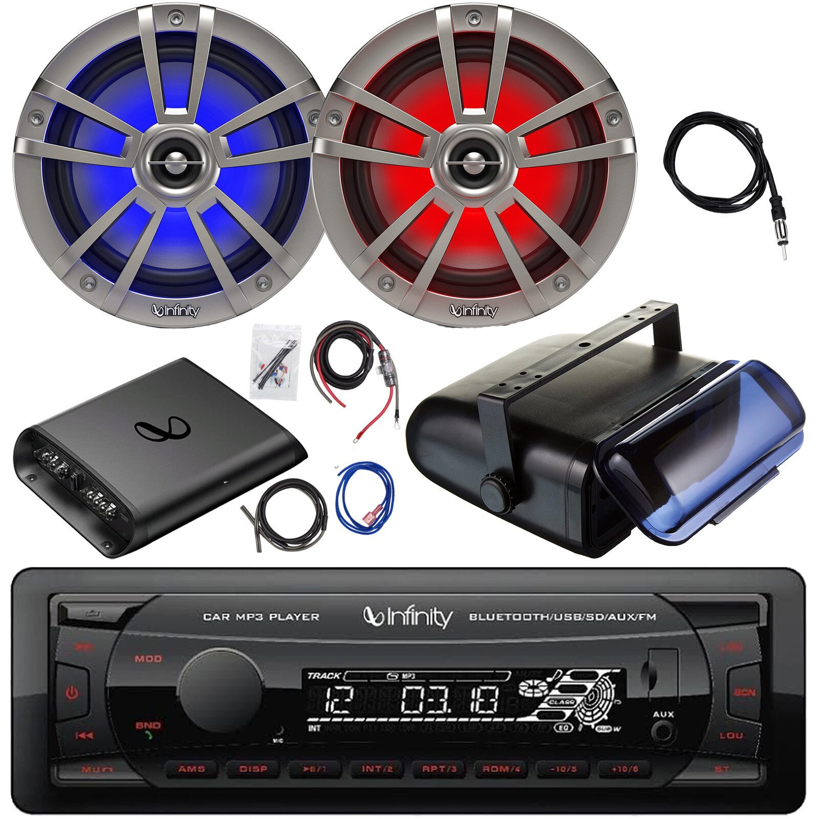 Infinity Receiver, 2x 6.5″ LED Titanium Speaker, Amp w/Kit, Black Cover, Antenna