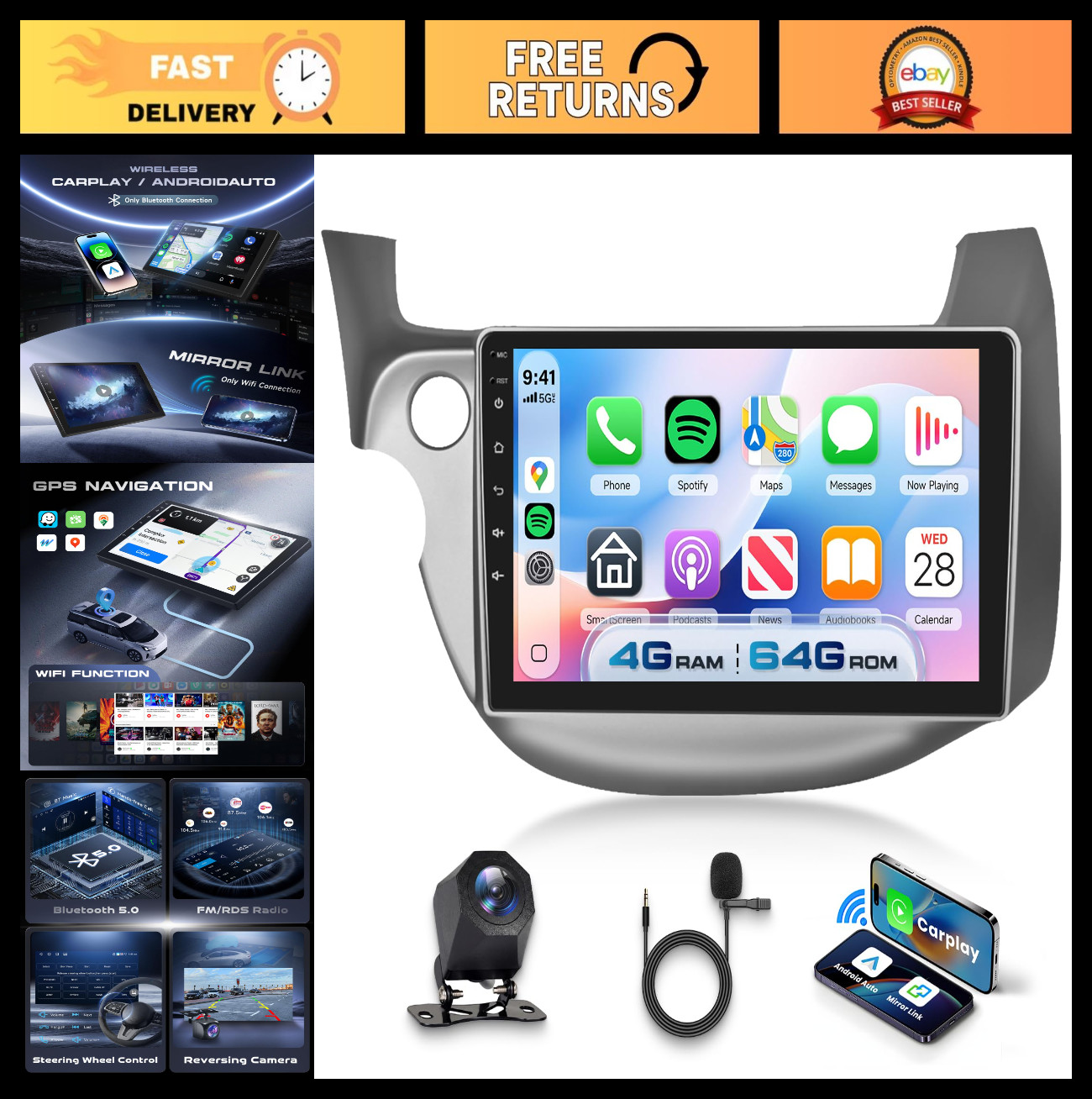 10.1″ Android 15 Car Stereo for Honda Fit 2008-2013, 4G+64G, Wireless CarPlay, G