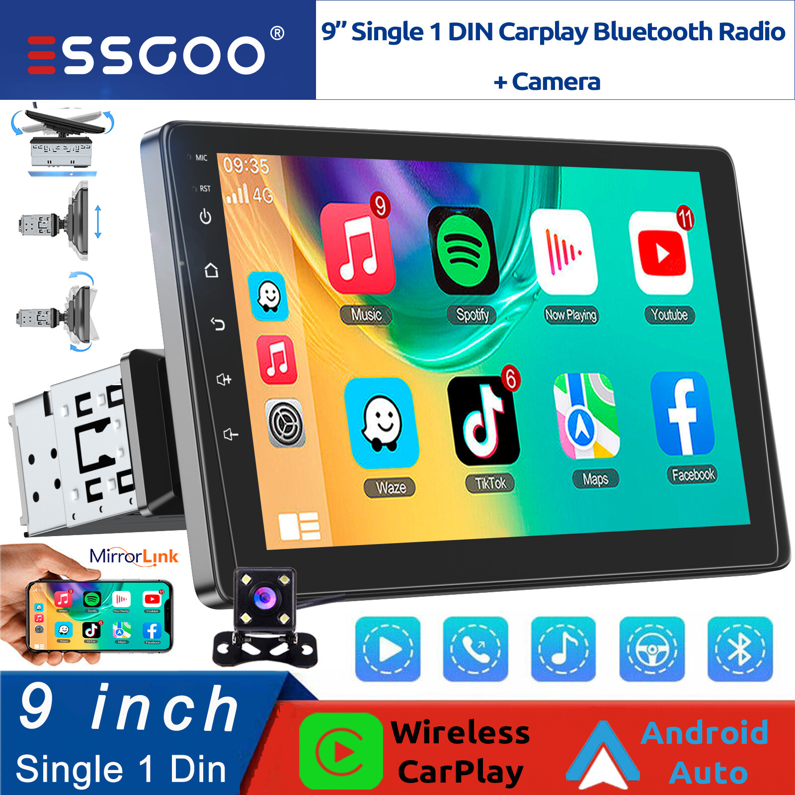 Single 1 DIN 9″ CarPlay Android Auto Car Stereo BT Touch Screen Radio FM Camera