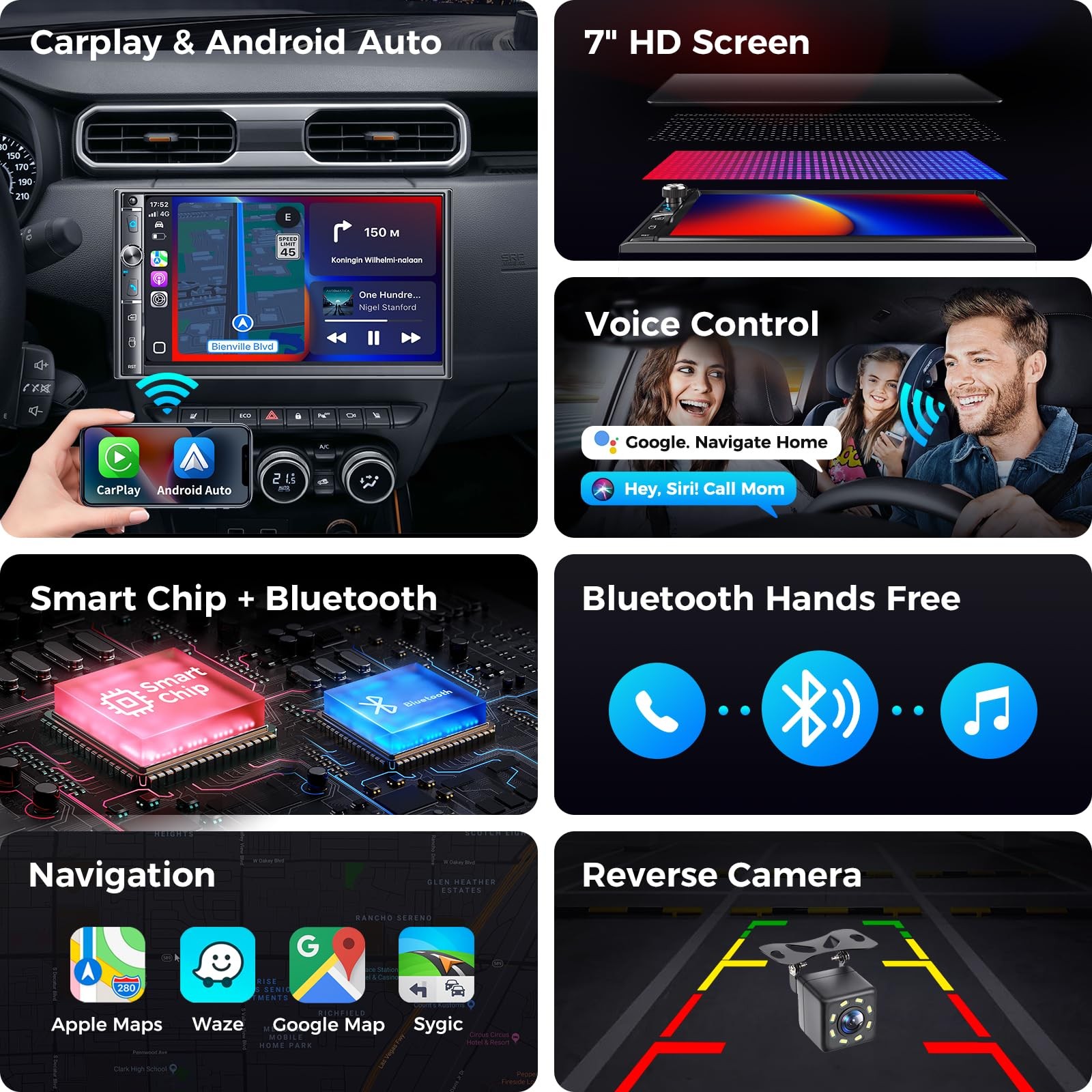 Kissound Double Din Car Stereo with 7″ HD Touchscreen, Wireless Apple