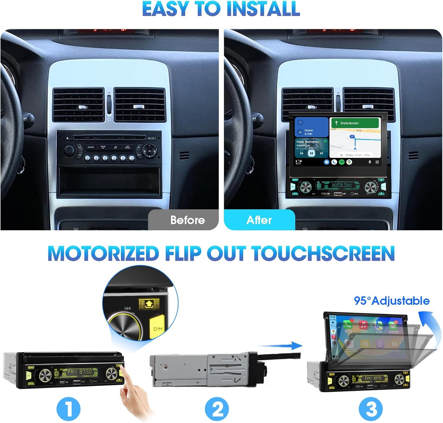 Single Din Flip-Out Touchscreen Radio: 7 Inch Wireless Carplay Android Auto Car