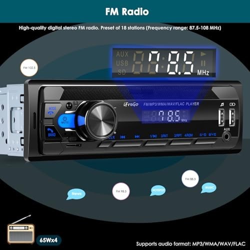 Single DIN Bluetooth Car Stereo – FM Radio, USB/SD/AUX, MP3 Player, Fast Charge,