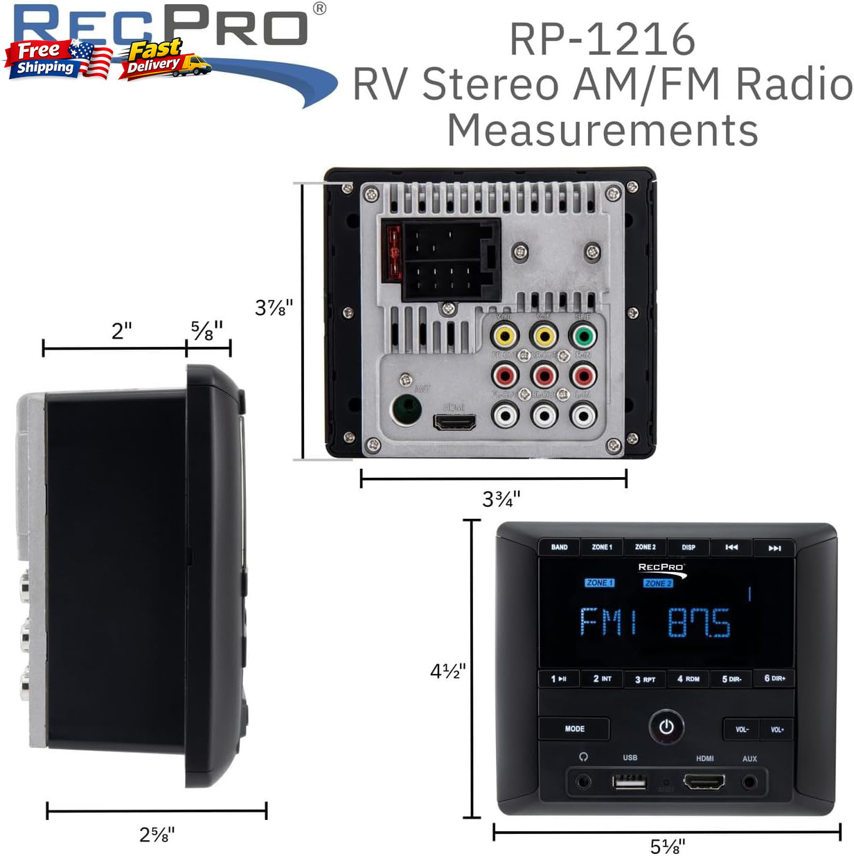 RV Stereo AM/FM Radio with Bluetooth HDMI Aux-in 4-Channel Audio Sound System 1p