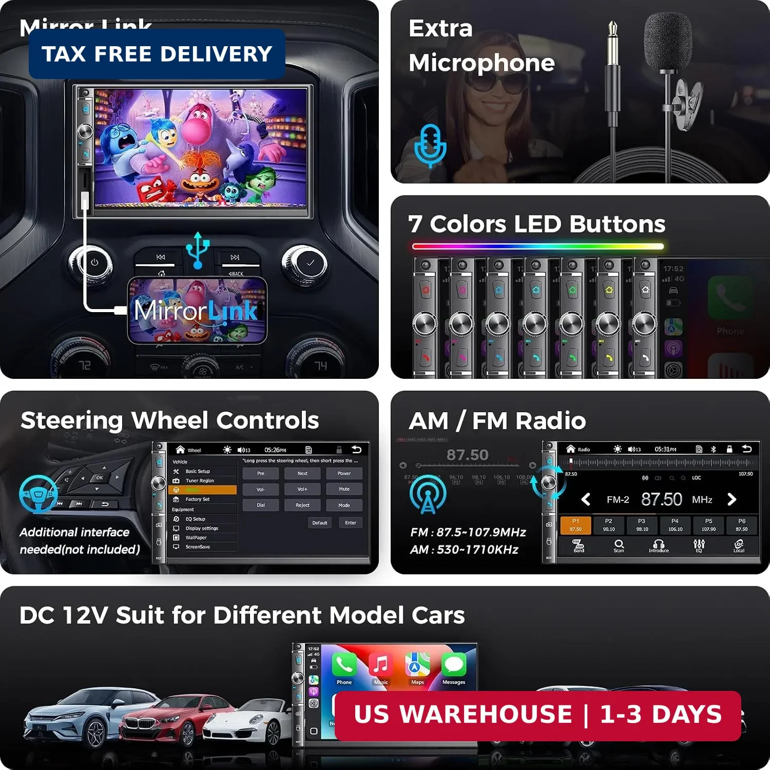 Double Din Car Stereo with 7″ HD Touchscreen, Wireless Apple Carplay & Android A
