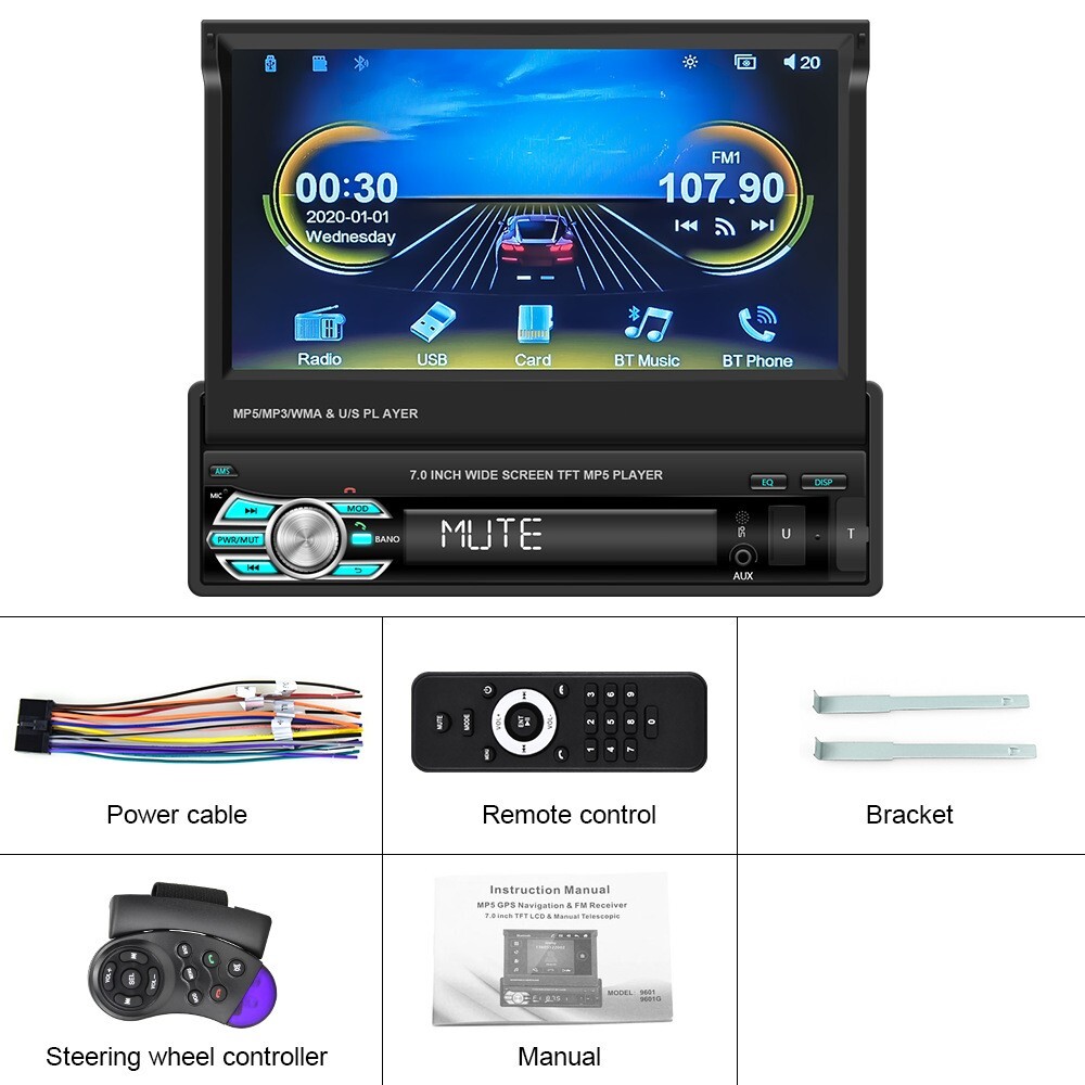 7” 1Din Retractable Screen Car MP5 Video Player with Wired CarPlay Android Auto