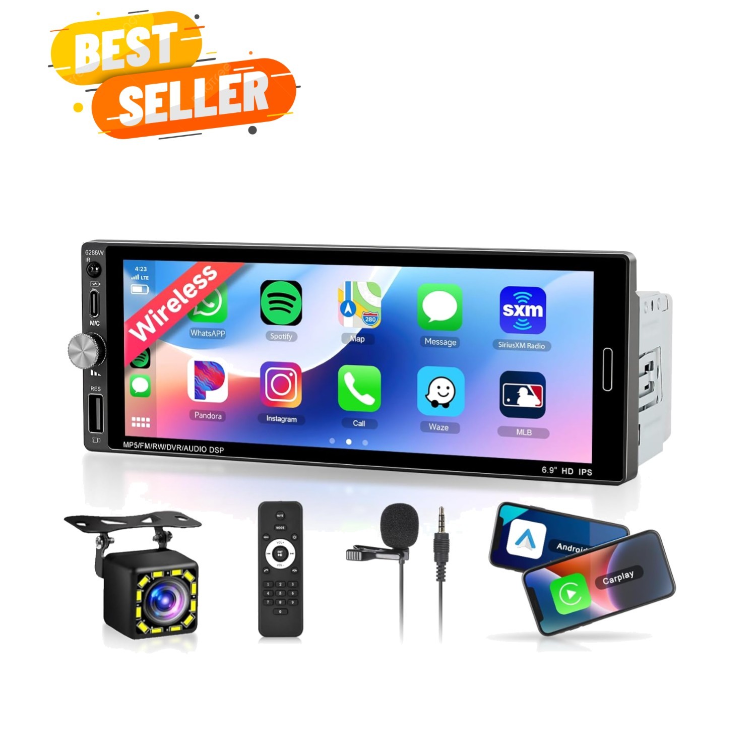 Single Din Car Stereo with Wireless Carplay Android Auto-2025 Upgraded Blueto…
