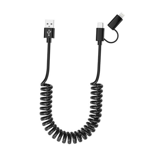 USB to USB-C and Lightning Cable Combo 2 in 1 Coiled Cable Support Apple Black