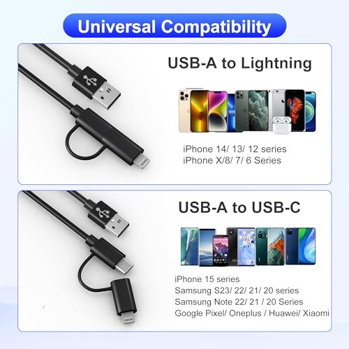 USB to USB-C and Lightning Cable Combo 2 in 1 Coiled Cable Support Apple Black