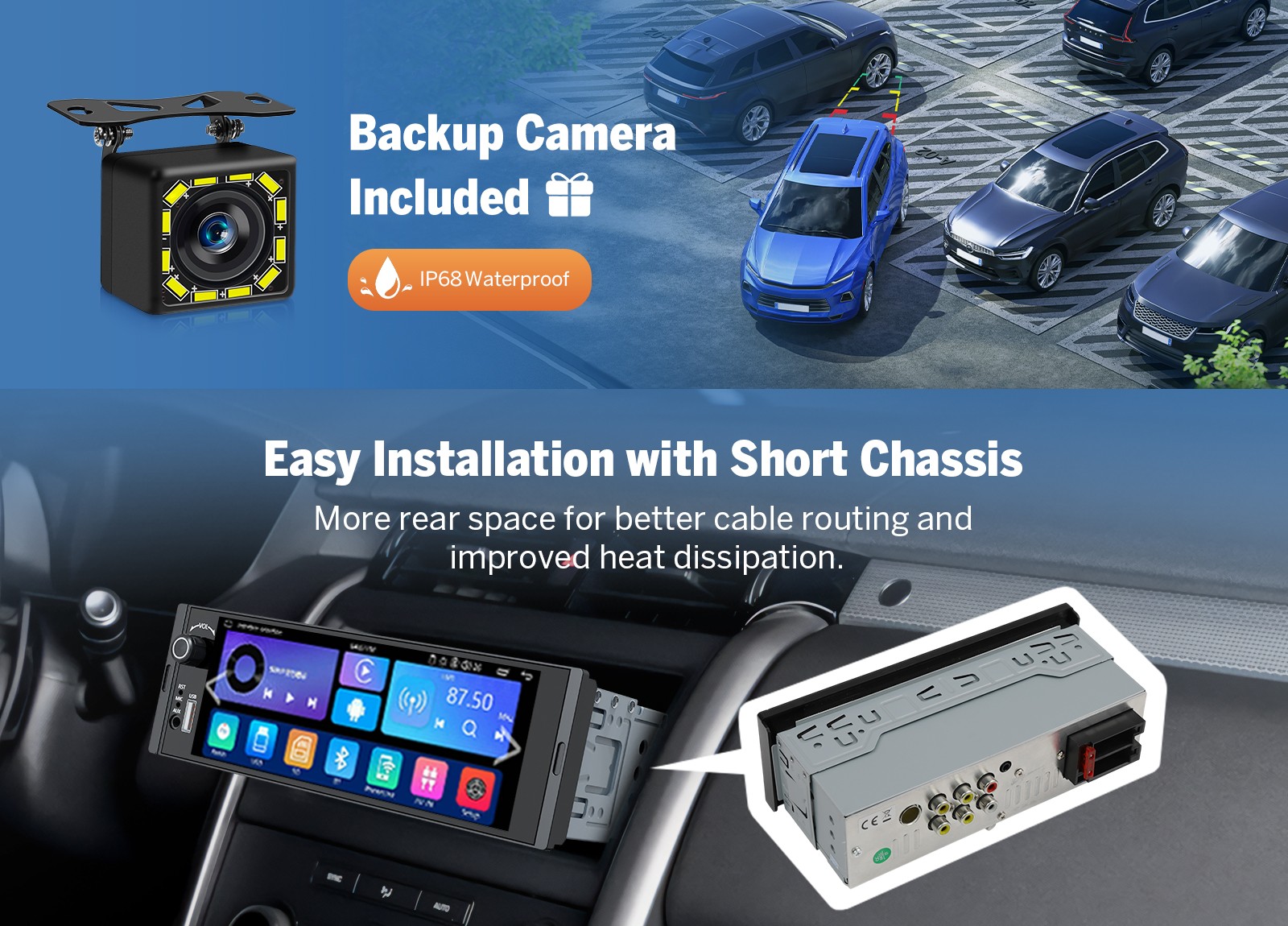 Single 1 DIN 6.36″ Touchscreen Stereo Wireless CarPlay Android Auto w/ Bluetooth