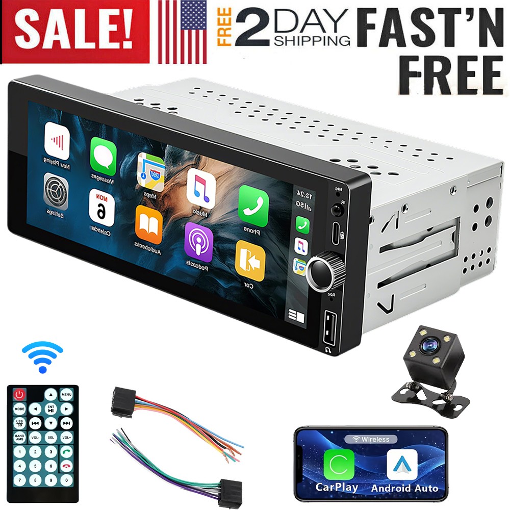 6.86″ 1 DIN Car Stereo Wireless CarPlay&Android Auto Linux Touchscreen Radio